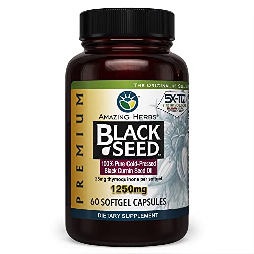 Amazing Herbs Premium Black Seed Oil Capsules - High Potency, Cold Pressed Nigella 