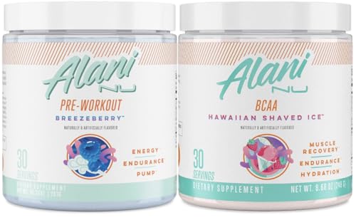 Alani Nu Breezeberry Pre Workout and BCAA Hawaiian Shaved Ice Post Workout Powder