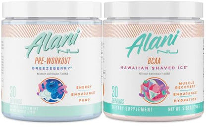 Alani Nu Breezeberry Pre Workout and BCAA Hawaiian Shaved Ice Post Workout Powder