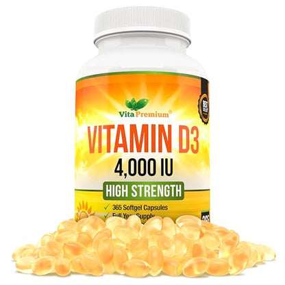 Vitamin D 4,000 IU Softgels, Maximum Strength Vitamin D3 Supplement, 365 Easy to Swallo