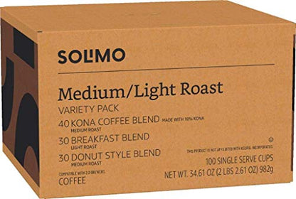 Amazon Brand - Solimo Variety Pack Light and Medium Roast Coffee Pods (Kona, Breakfast, Donut), Compatible with Keurig 2.0 K-Cup Brewers, 100 Count