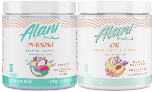 Alani Nu Island Crush Pre Workout and BCAA Sour Peach Rings Post Workout Powder