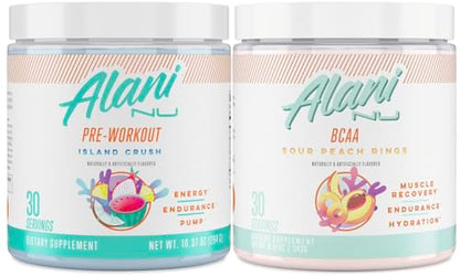 Alani Nu Island Crush Pre Workout and BCAA Sour Peach Rings Post Workout Powder