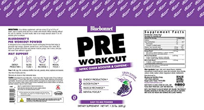 Bluebonnet Nutrition Extreme Edge Pre workout, Muscle Recharging Formula*, Increases Nitric Oxide (NO) levels*, Soy-Free, Dairy-Free, Grape, 1.32 LB, 60 Servings