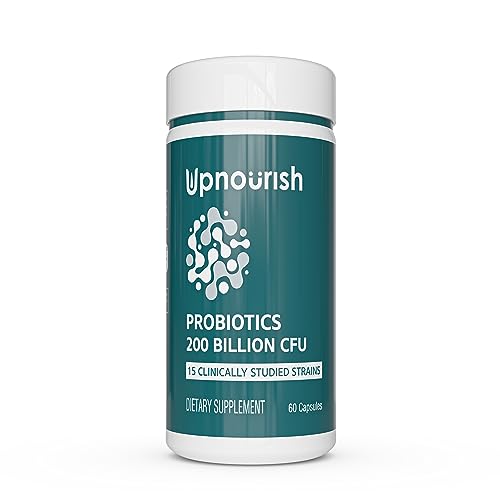 UpNourish Probiotics - 200 Billion CFUs, 15 Strains, Prebiotics & Enzymes - 60 Vegan Cap