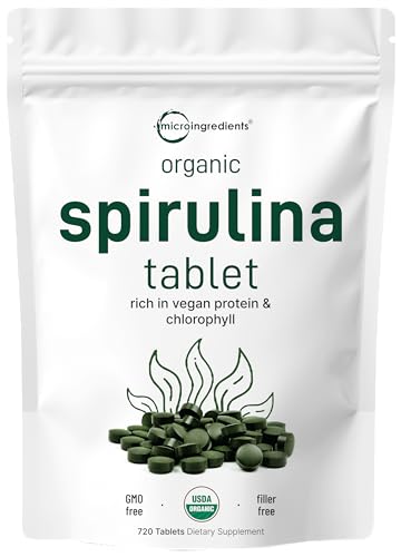 Micro Ingredients Organic Spirulina Supplement, 3000MG Per Serving, 720 Tablets (4 Month Supply), No Filler & Non-GMO, Rich in Vegan Protein, Vitamins & Prebiotics, Premium Spirulina Pills