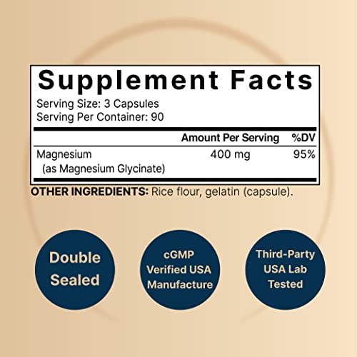 NatureBell Magnesium Glycinate 400mg (Elemental), 270 Capsules – 100% Chelated