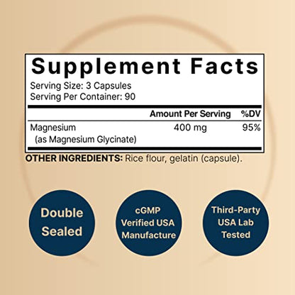 NatureBell Magnesium Glycinate 400mg (Elemental), 270 Capsules – 100% Chelated