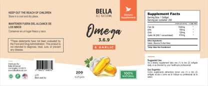 Bella All Natural Omega 3 6 9 with Garlic Oil - 200 Softgels