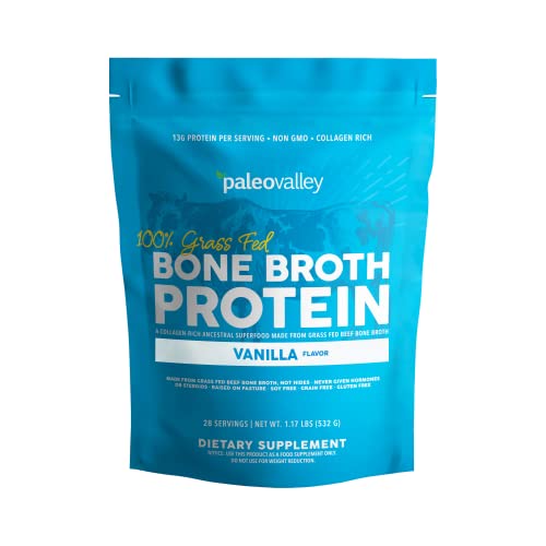 Paleovalley 100% Grass Fed Bone Broth Protein Powder - Vanilla - Rich in Collagen for Hair