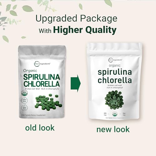 Organic Chlorella Spirulina Tablets, 3000mg Per Serving, 720 Counts, 4 Months Supply