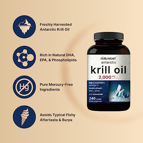 Antarctic Krill Oil 2000mg Supplement, 240 Softgels, 3X Strength Natural Source of Omega