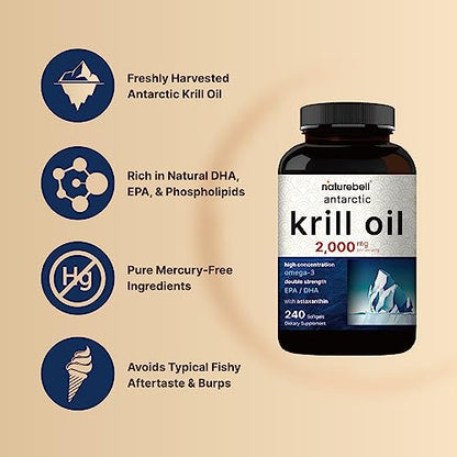 Antarctic Krill Oil 2000mg Supplement, 240 Softgels, 3X Strength Natural Source of Omega