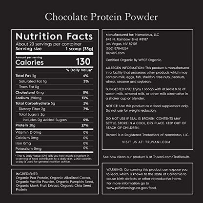 Truvani Organic Vegan Protein Powder Chocolate - 20g of Plant Based Protein, Organic