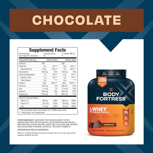 Body Fortress 100% Whey, Premium Protein Powder, Chocolate, 3.9lbs Packaging May