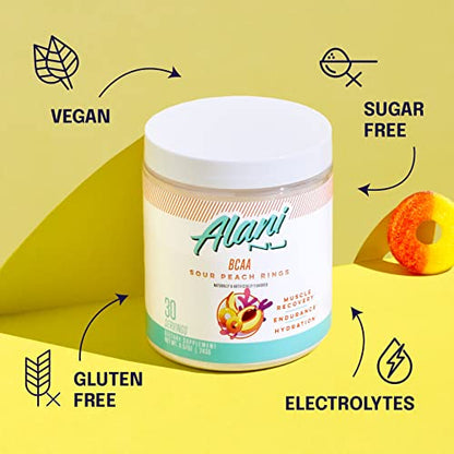 Alani Nu Island Crush Pre Workout and BCAA Sour Peach Rings Post Workout Powder Bundle | L-Theanine, Beta-Alanine, Citrulline | Branch Chain Essential Amino Acids | 30 Servings per Container