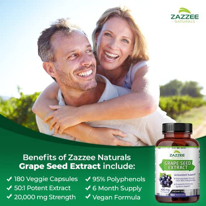 Zazzee High Strength Grape Seed 50:1 Extract, 20,000 mg Strength, 180 Vegan Capsules