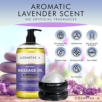Lavender Relaxation Massage Oil with Massage Roller Ball - No Stain 100% Natural Blend