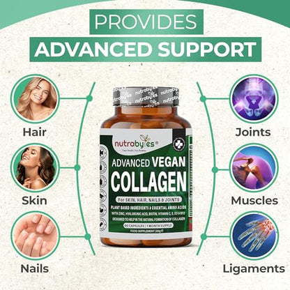 Vegan Collagen Supplement For Skin, Hair, Nails, Joints & Bones with Hyaluronic Acid, Biotin, Lysine, Bamboo Silica, Zinc, Vitamin C, D3, B12, E