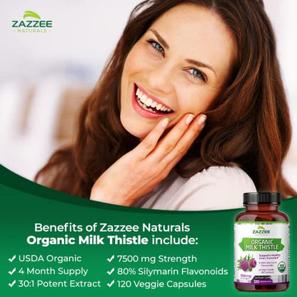 Zazzee USDA Organic Milk Thistle 30:1 Extract, 7500 mg Strength, 120 Vegan Capsules