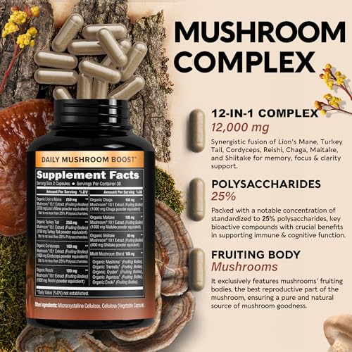 Mushroom Supplement - Organic Lion's Mane | Turkey Tail | Chaga | Cordyceps | Reishi