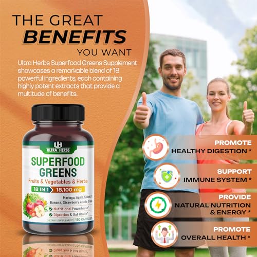 Superfood Greens 18 IN 1 - 18,100mg with Fruits & Vegetables & Herbs -Moringa, Alfalfa