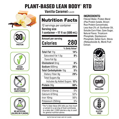 Lean Body Ready-to-Drink, Plant-Based Vegan Vanilla Caramel Protein Shake, 30g Protein