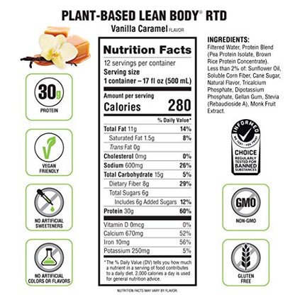 Lean Body Ready-to-Drink, Plant-Based Vegan Vanilla Caramel Protein Shake, 30g Protein