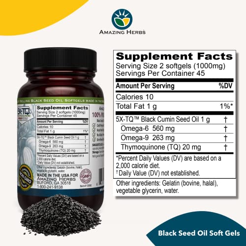 Amazing Herbs Premium Black Seed Oil Capsules - Cold Pressed Nigella Sativa Aids