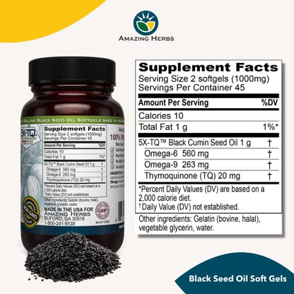 Amazing Herbs Premium Black Seed Oil Capsules - Cold Pressed Nigella Sativa Aids