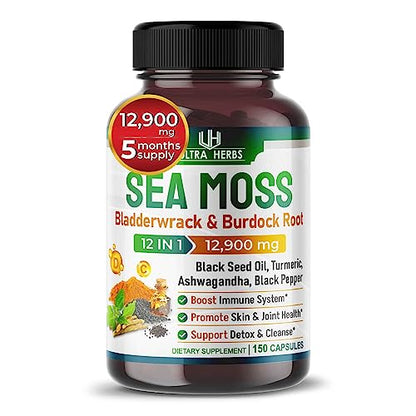 Organic Sea Moss Capsules 12,900mg with Black Seed Oil, Ashwagandha, Burdock Root