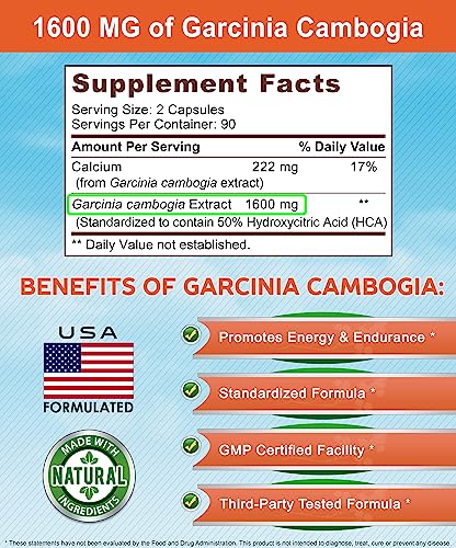 Garcinia Cambogia 1600 mg (180 Capsules) - Pure Natural Extract Supplement Pills