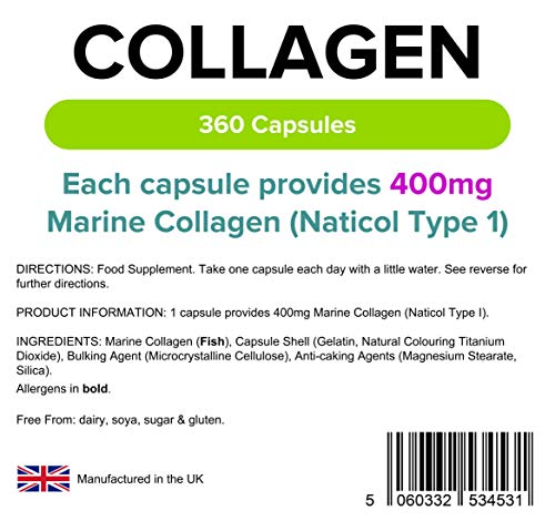 Lindens Collagen (Marine) 400mg Capsules 360 Pack - UK Manufacturer, Letterbox Friendly