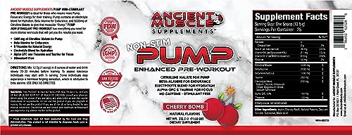 Ancient Muscle Pre Workout Stimulant-Free Pump Supplement - Citrulline Malate, Beta Alanine, Alpha GPC, Taurine & Electrolytes - Improves Energy, Focus & Absorption – Cherry Bomb, 11.02 Oz