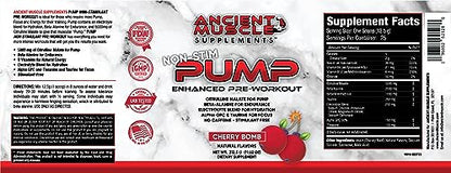 Ancient Muscle Pre Workout Stimulant-Free Pump Supplement - Citrulline Malate, Beta Alanine, Alpha GPC, Taurine & Electrolytes - Improves Energy, Focus & Absorption – Cherry Bomb, 11.02 Oz