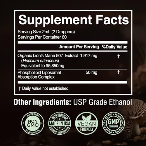 50:1 Lion's Mane Extract - Mushroom Tincture Lions Mane Liquid Drops & Phospholipid Liposomal