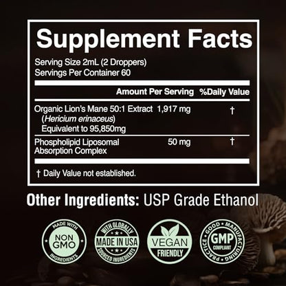 50:1 Lion's Mane Extract - Mushroom Tincture Lions Mane Liquid Drops & Phospholipid Liposomal