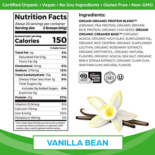 Orgain Organic Vegan Protein Powder, Vanilla Bean - 21g Plant Based Protein, Gluten Free