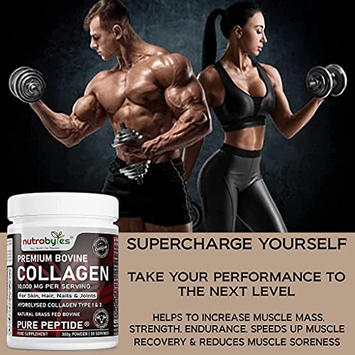 Pure Hydrolysed Collagen Powder 10000mg Bovine Type 1 & 3 Unflavoured|High Strength Protein Peptides for Women & Men