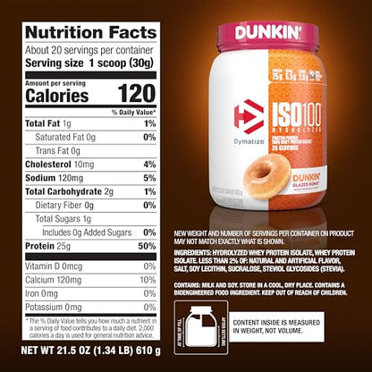 Dymatize ISO100 Hydrolyzed Protein Powder, 100% Whey Isolate, Dunkin' Glazed Donut