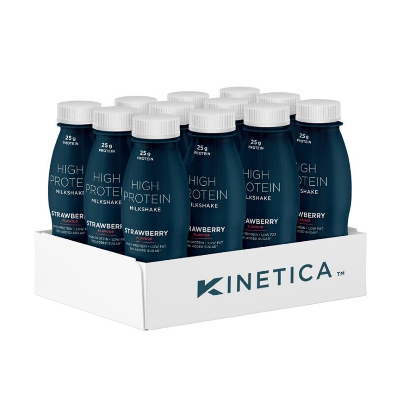 Kinetica Ready-to-Drink Protein Shake, 12 X 330mls, 165 cals, 25g Protein per Bottle, Low Fat (Strawberry)