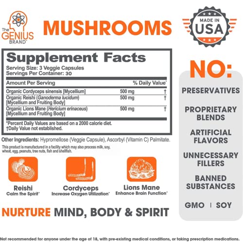 Genius Mushroom - Lions Mane, Cordyceps and Reishi - Immune System Booster