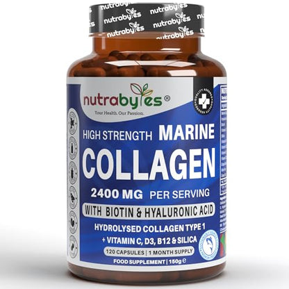 High Strength Marine Collagen 2400mg with Hyaluronic Acid 100mg, Biotin, Vitamin C, D3, B12 and Silica