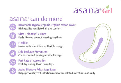 Asana Panty Liners for Girls, Organic Cotton Cover – Controls Odor Naturally, Pads Without Wings