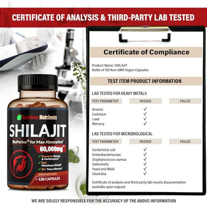 Pure Himalayan Shilajit Capsules Supplement (60,000mg+ Absorption Enhancer+50%