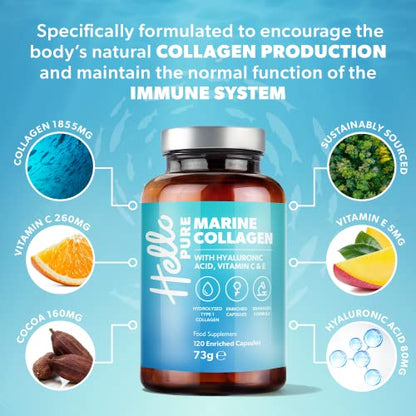 Marine Collagen Capsules - 1855mg - 120 Capsules - Enriched with Hyaluronic Acid & Vitamins C & E