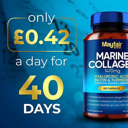 Mayfair Nutrition Marine Collagen 120 High Strength Capsules 1470mg Complex with Hyaluronic Acid