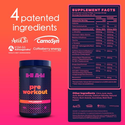 BEAM Be Amazing Vegan Pre-Workout Powder | Energy Booster Powdered Drink with All-Natural Caffeine, No Crash, No Jitters | Supplement with Adaptogens for Men and Women | Pink Lemonade, 40 Scoops