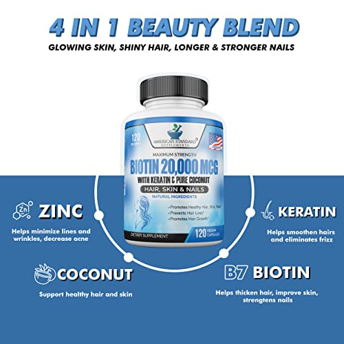 Biotin 20,000mcg with Keratin, Organic Coconut and Zinc, Hair Growth Supplements, Biotin