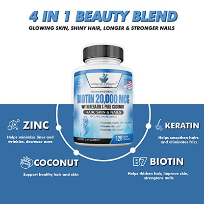 Biotin 20,000mcg with Keratin, Organic Coconut and Zinc, Hair Growth Supplements, Biotin